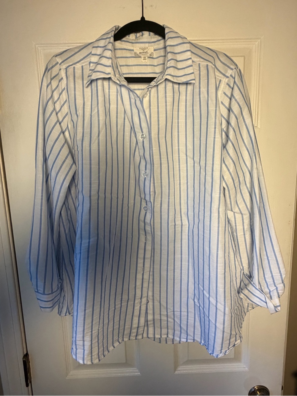Classic White Button-Up Shirt with Light Blue Stripes Perch 1X